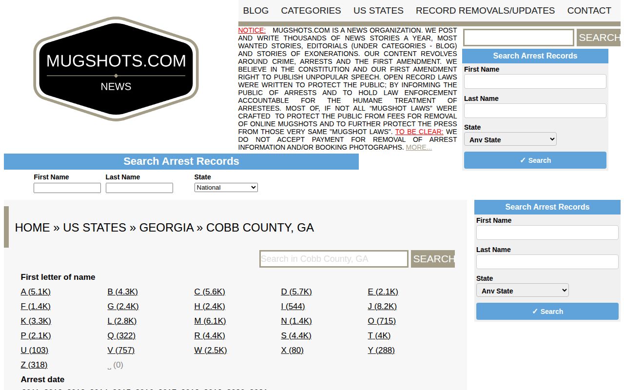 Stale unofficial Cobb County Mugshots.com archive