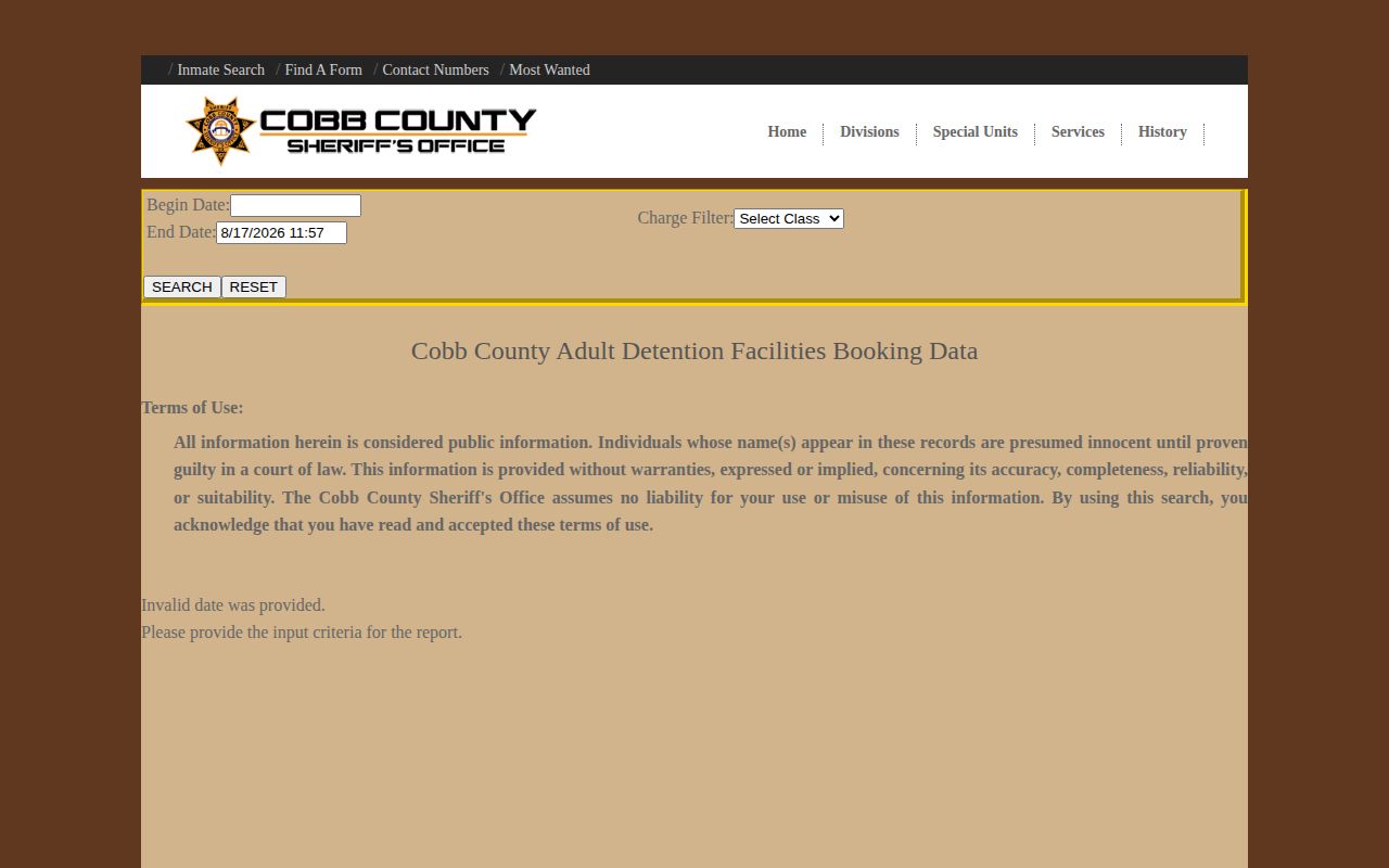 Cobb County Admissions Review date-range booking search
