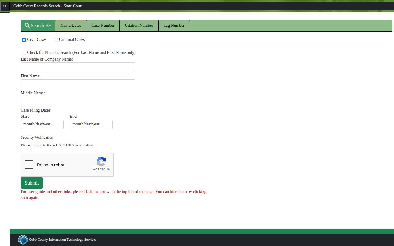 Cobb County State Court criminal record search interface