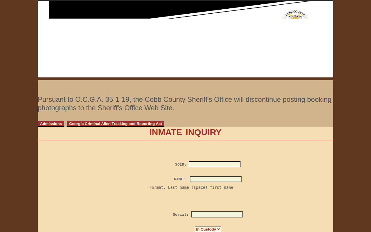 Cobb County inmate inquiry search form and no-photo notice